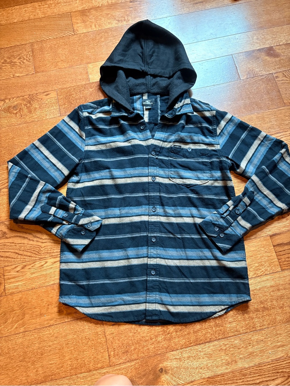 O'Neill Blue and Black Striped Hooded Button-Down Shirt